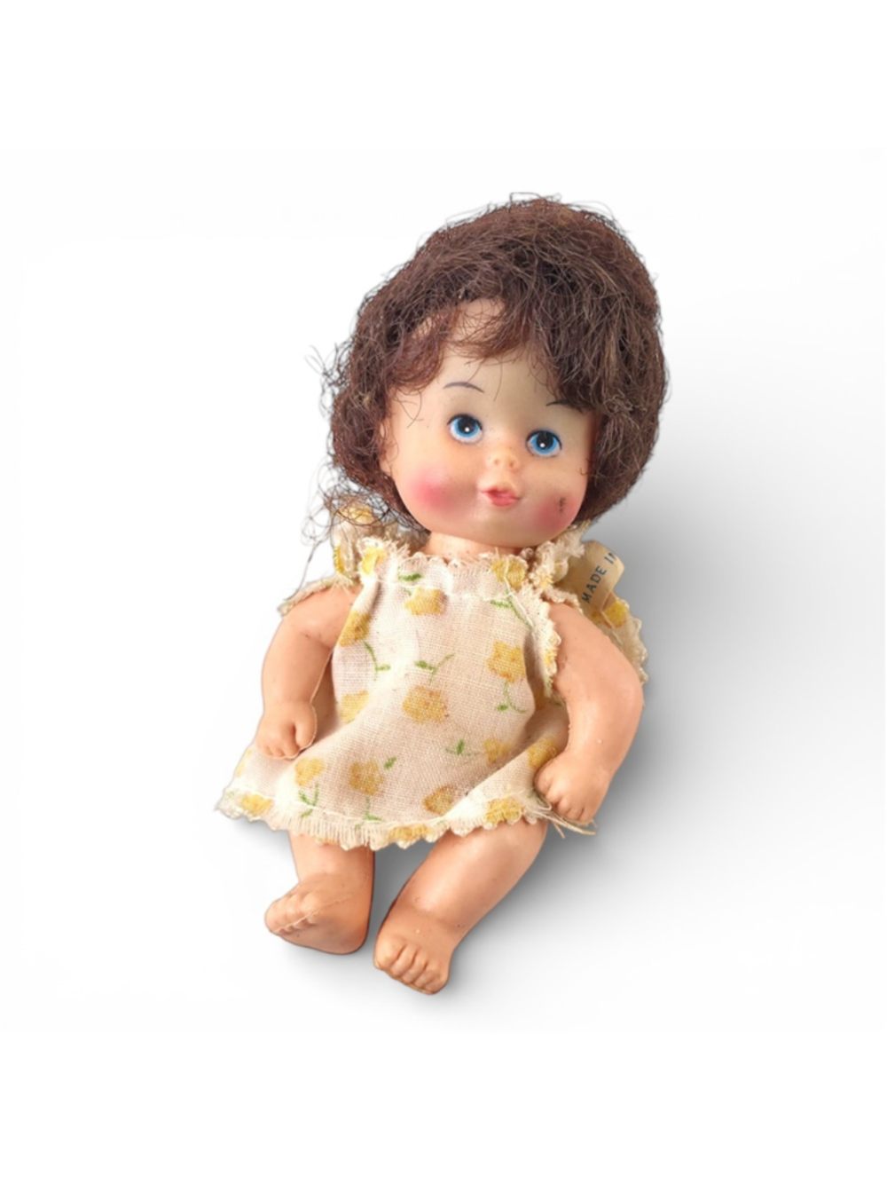 Vintage Galoob 4" Miniature Baby Doll – Curly Brown Hair, Yellow Floral Dress